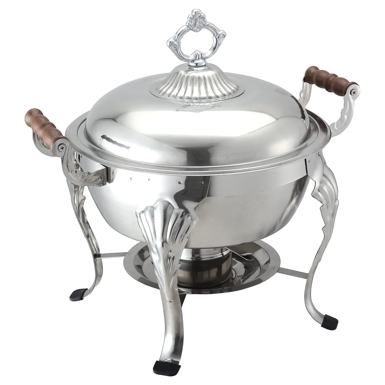 CAC China CAFR-303 Chafing Dish, 6 qt Stainless Steel, Decorative Lid, Wood Handles, Legs - Set