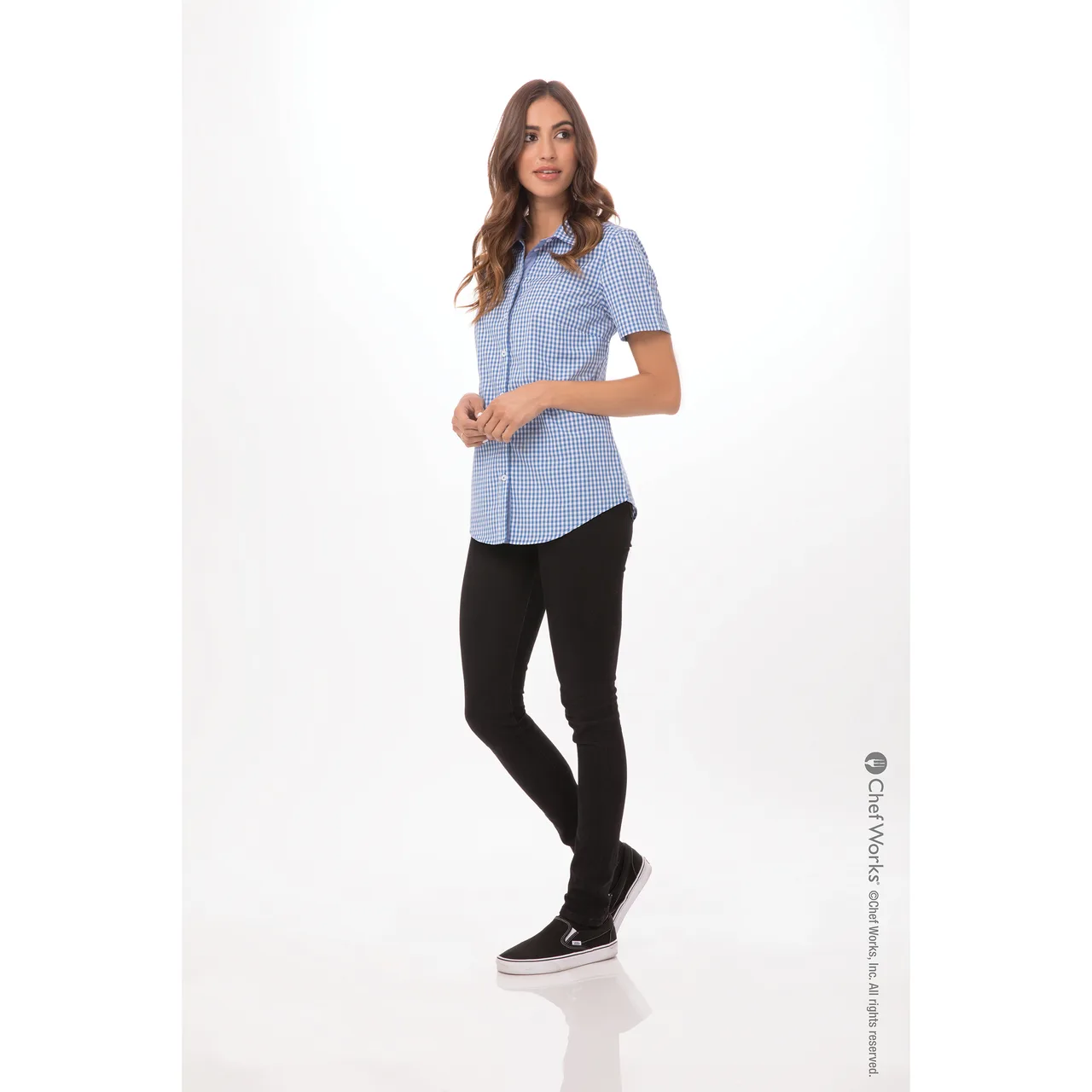 Chef Works SHC02W-BLU-3XL Women's Gingham Cook Shirt, Short Sleeves, Blue, 3XL, 65/35 Poly/Cotton