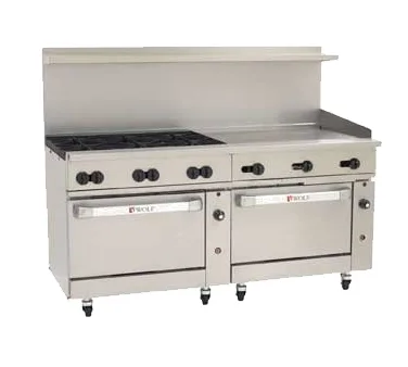 Wolf C72CC-6B36GT 72" Gas Restaurant Range w/ (6) Open Burners, 36" Griddle Right w/ Thermostatic Controls, (2) Convection Ovens, 310.000 BTU