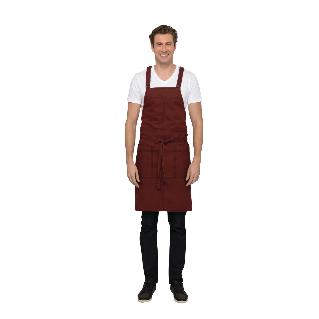 Chef Works ABX01-RNA-0 Apron, 34"L x 30"W, Adjust Ties, Pockets, Red/Navy 75/25 Cotton/Poly Denim