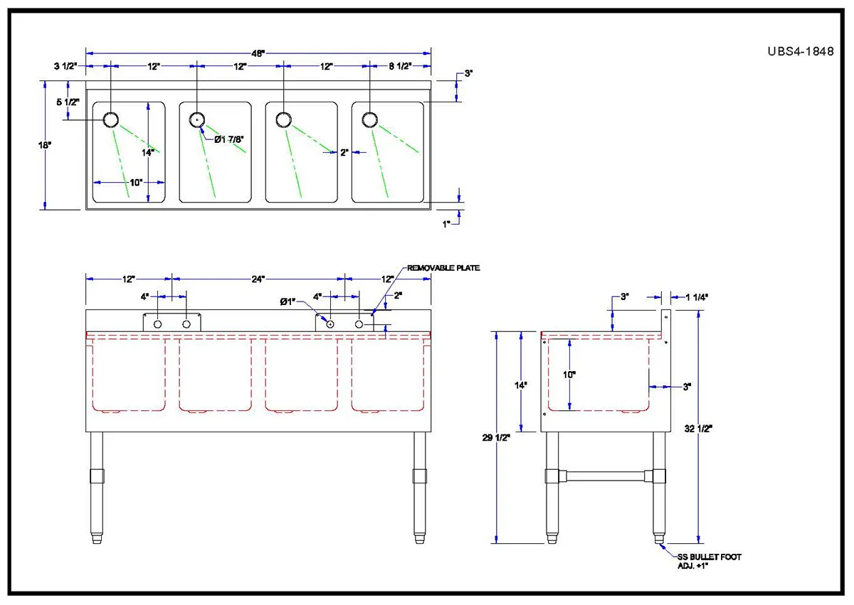 John Boos UBS4-1848-X Underbar Sink Units, 4 Compartment without Drainboard - Flyer