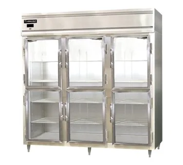 Continental Refrigerator D3RNSSGDHD 78" 3-Section Reach-In Refrigerator w/ 6 Glass Half Doors, All Stainless Steel, 72 cu. ft.