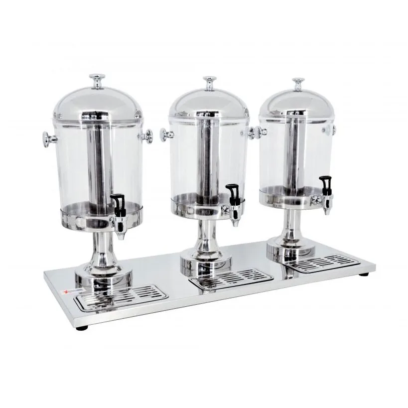 Omcan USA 19480 Triple Juice Dispenser – 3x8‑Qt Clear Tanks, Metal Base, Ice Tubes, Taps & Tray