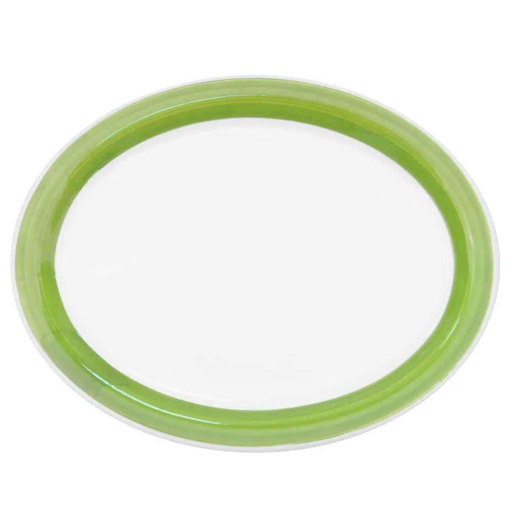 CAC China R-12NR-G Oval Ceramic Platter, 9-1/2" x 7-1/4" x 1-1/4", Green Narrow Rim – 1 Dozen