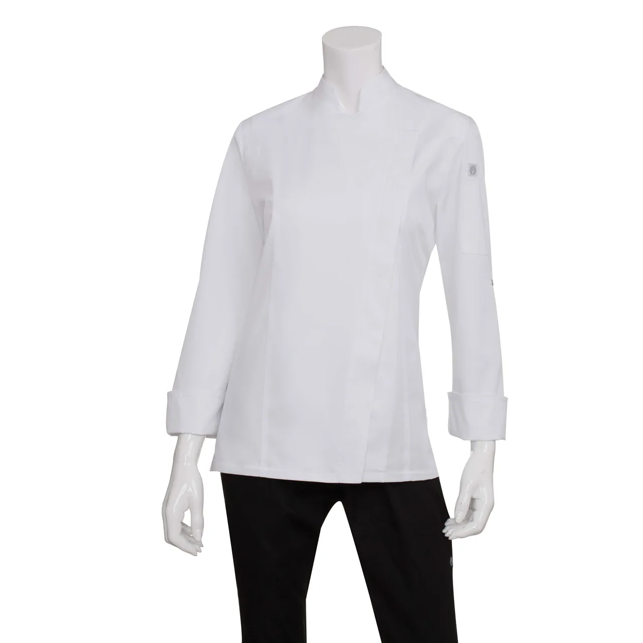 Chef Works BCWMC007-WHT-M Womens Lansing Chef Coat, Medium White 65/35 PolyCotton Twill, Cool Vent, Roll‑Up Sleeve, Thermometer Pocket