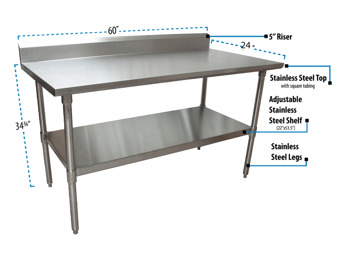 BK Resources CVTR5-6024 60" Open Base Work Table with Undershelf, 5" Backsplash / 16 Gauge Top