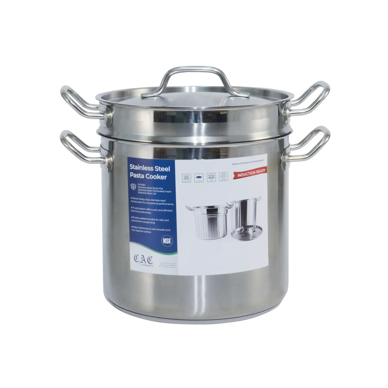 CAC China SPDB-12 Pasta Cooker, 12 Qt, 9-1/2" x 7-1/2" with Lid, Perforated, Induction, Steel - Set
