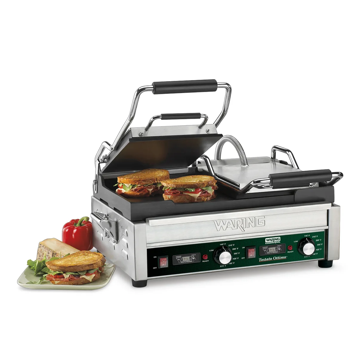 Waring WFG300T Double Cast Iron Sandwich Panini Grill w/ Timer, Smooth Plates, 240V