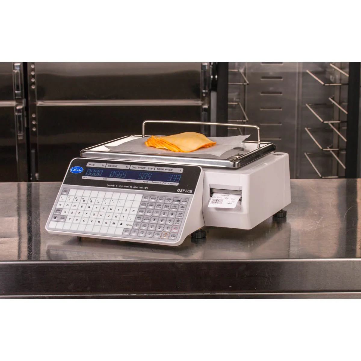 Globe GSP30B Label Scale – 30 lb, .01 lb Accuracy, 10"x14" Stainless Steel Platform, UL/NTEP Legal, Dual‑Side LCD