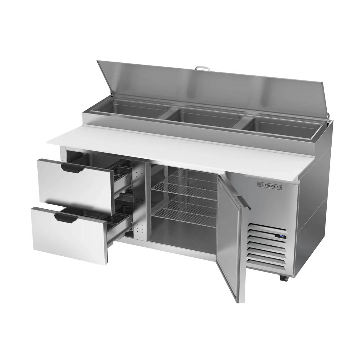 Beverage Air DPD72HC-2 72" 2-Section Refrigerated Pizza Prep Table w/ 1 Door & 2 Drawers