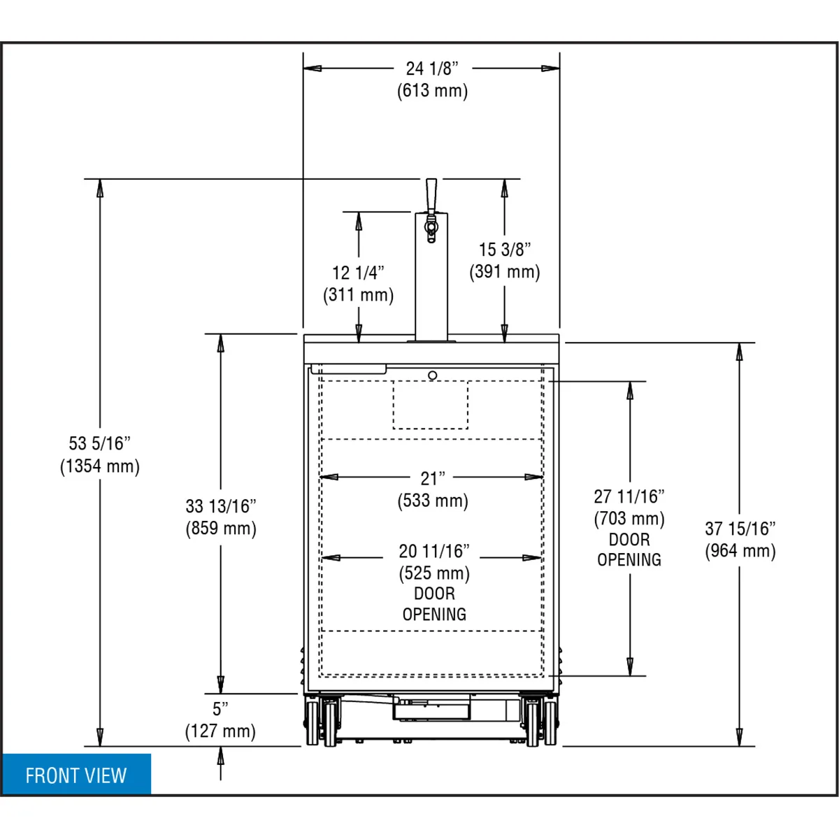 Continental KC24N 24" Keg Cooler, Black Enamel, 8 Cu Ft, 1‑Barrel, 1‑Col, RearComp, 5" Casters, NSF
