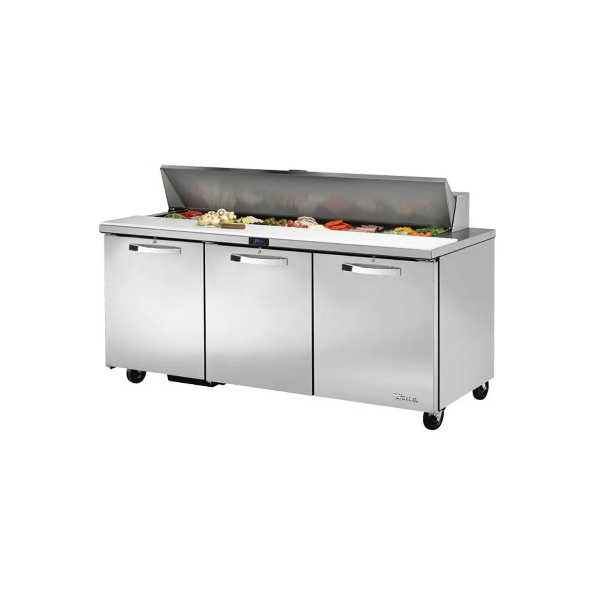 True TSSU-72-18-HC~SPEC3 72" Three Section Sandwich / Salad Prep Table w/ 3 Doors, 18 Pans