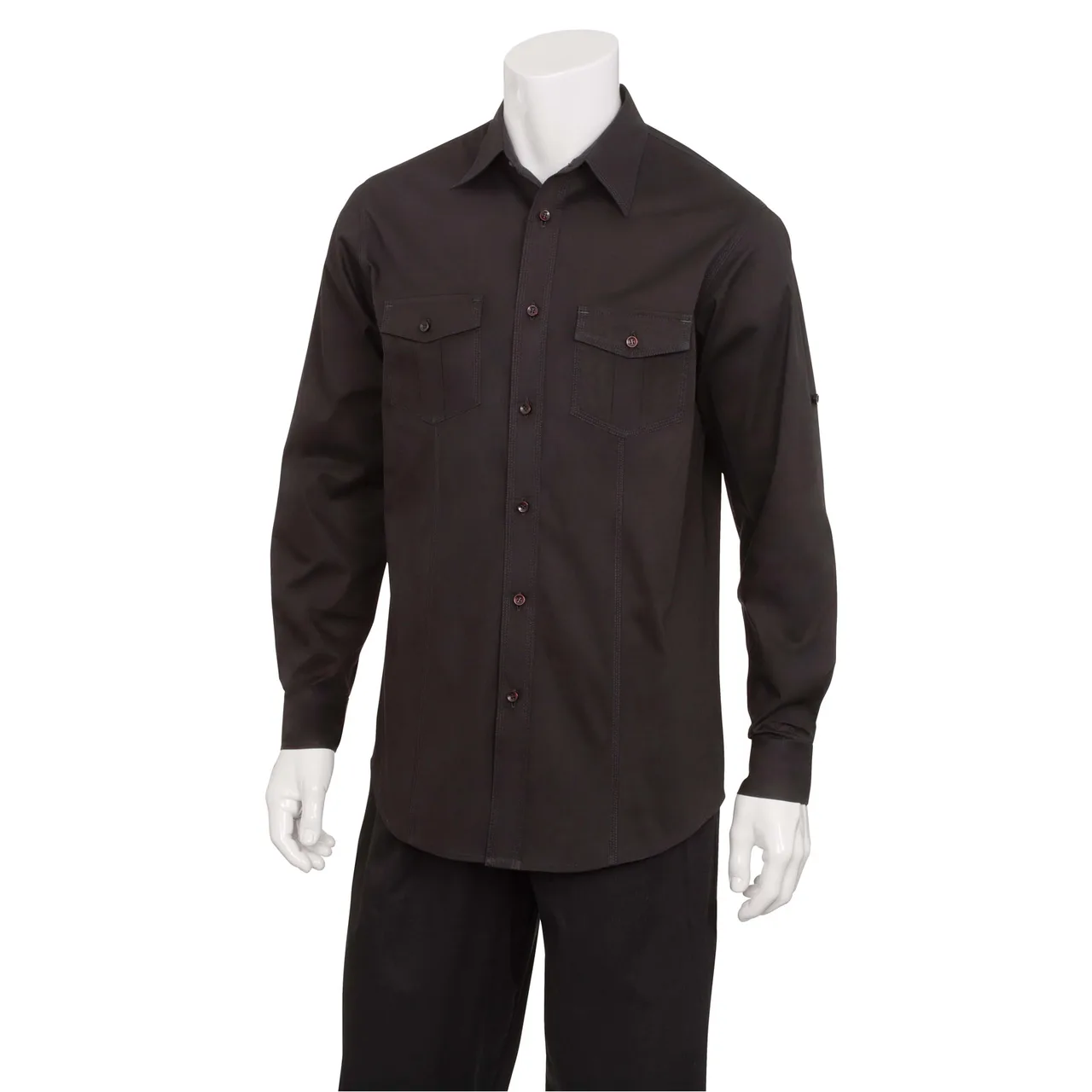 Chef Works DPDS-BLK-2XL Pilot Shirt, 2XL, Black, Poly/Cotton, Long Sleeve, Button Front, 2 Pockets