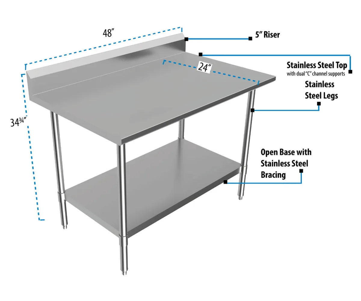 BK Resources CVTR5-4824 48" Open Base Work Table with Undershelf, 5" Backsplash / 16 Gauge Top