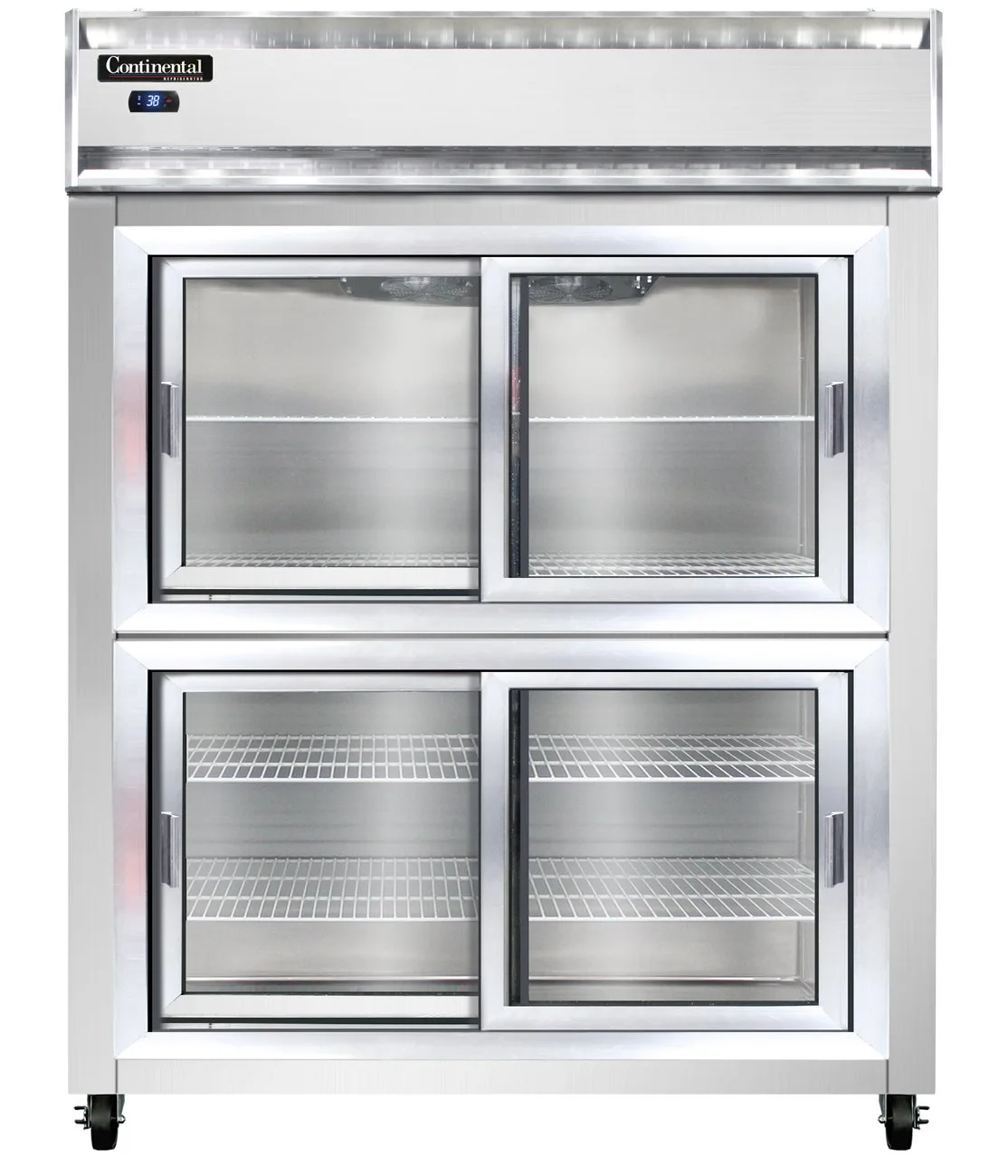 Continental 2RENSSSGDHD 57" 2-Section Reach-In Refrigerator w/ 4 Sliding Half Glass Doors, All Stainless Steel, 50 cu.ft.
