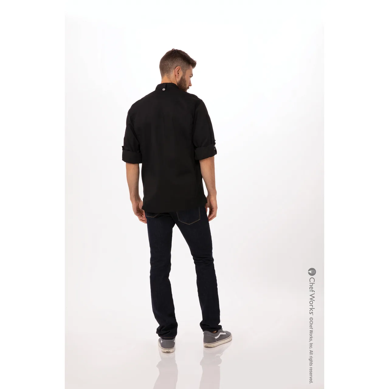 Chef Works CBC01-BLK-XS Men’s Bowden Chef Coat, XSmall Black, 65/35 Poly/Cotton Lite Twill