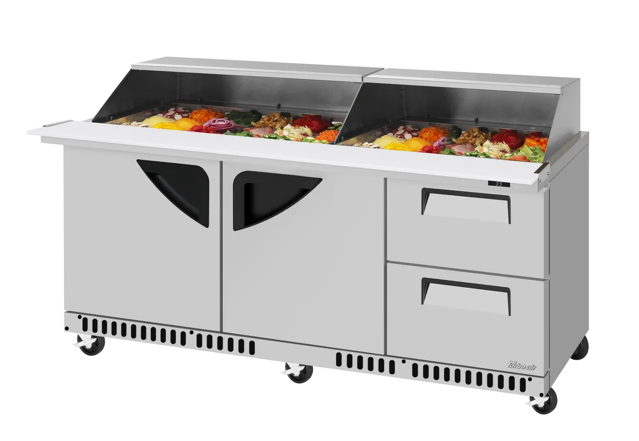 Turbo Air TST-72SD-30-LRD2-FB-N-SL 72" 3-Section Mega Top Sandwich Prep Table w/ 2 Doors & 2 Drawers, 30 Pans