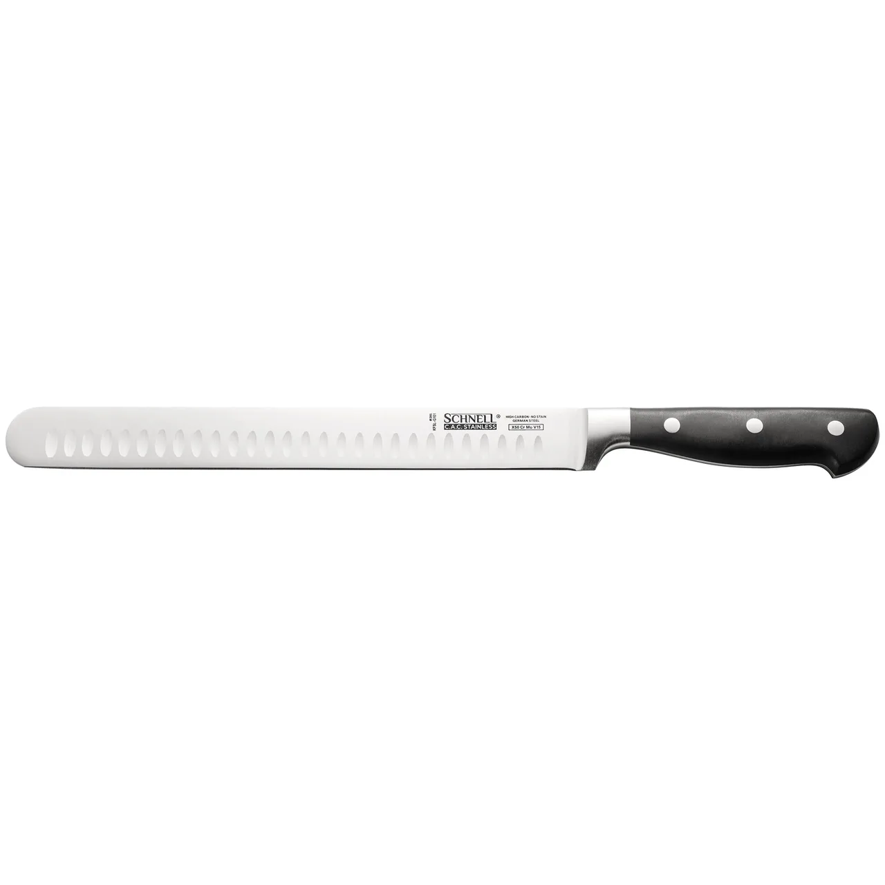 CAC China KFSL-G101 Schnell Slicing Knife, 10", German High-Carbon Steel, Ice-Tempered, Black Handle