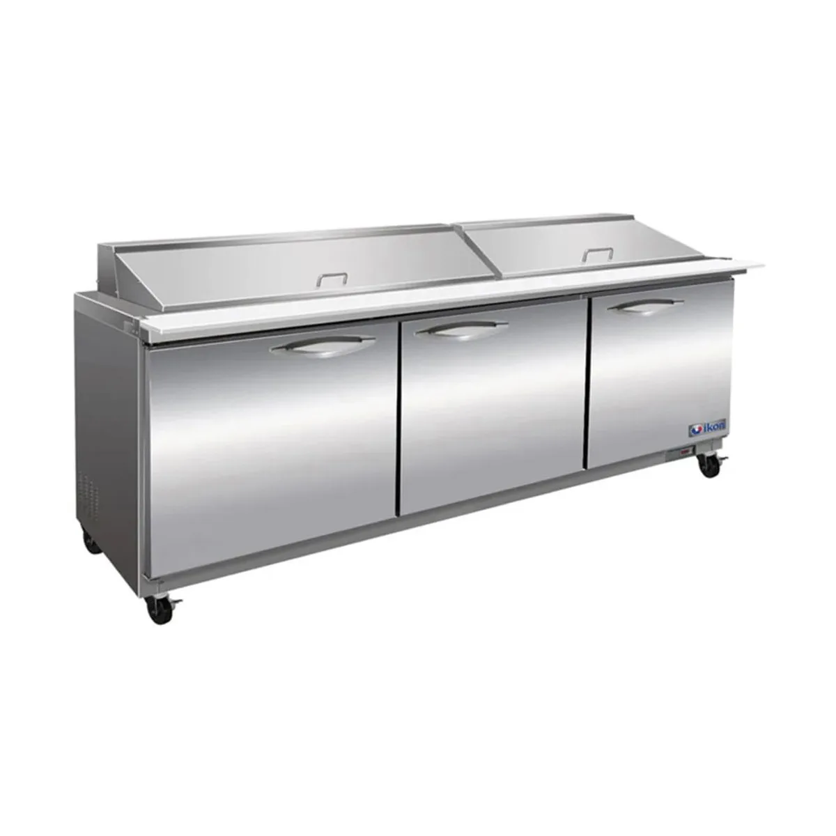 IKON ISP72M 72" Three Section Mega Top Sandwich/Salad Prep Table w/ 3 Solid Doors, 27 Pans, 18 cu. ft. - Open box