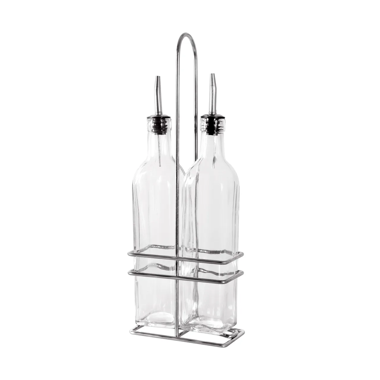 CAC China W2SQ-16S Oil & Vinegar Cruet Set, 16 Oz Glass Bottles with Steel Pourers, Chrome Rack - Set
