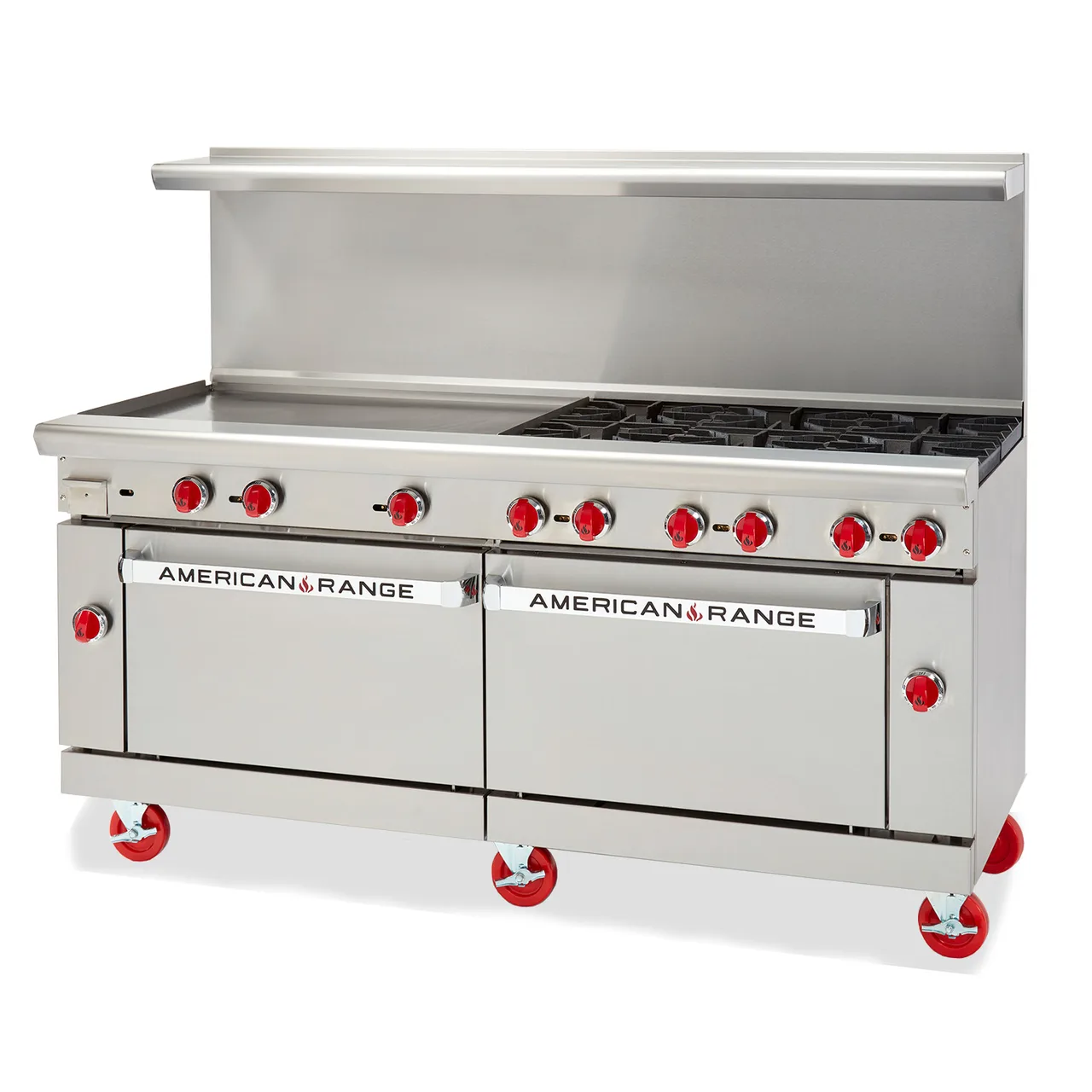 American Range ARGF-12-CC 72" Gas Restaurant Range, (12) Open Green Flame Burners w/ Pilotless Electronic Ignition, (2) Convection Ovens, 360.000 BTU