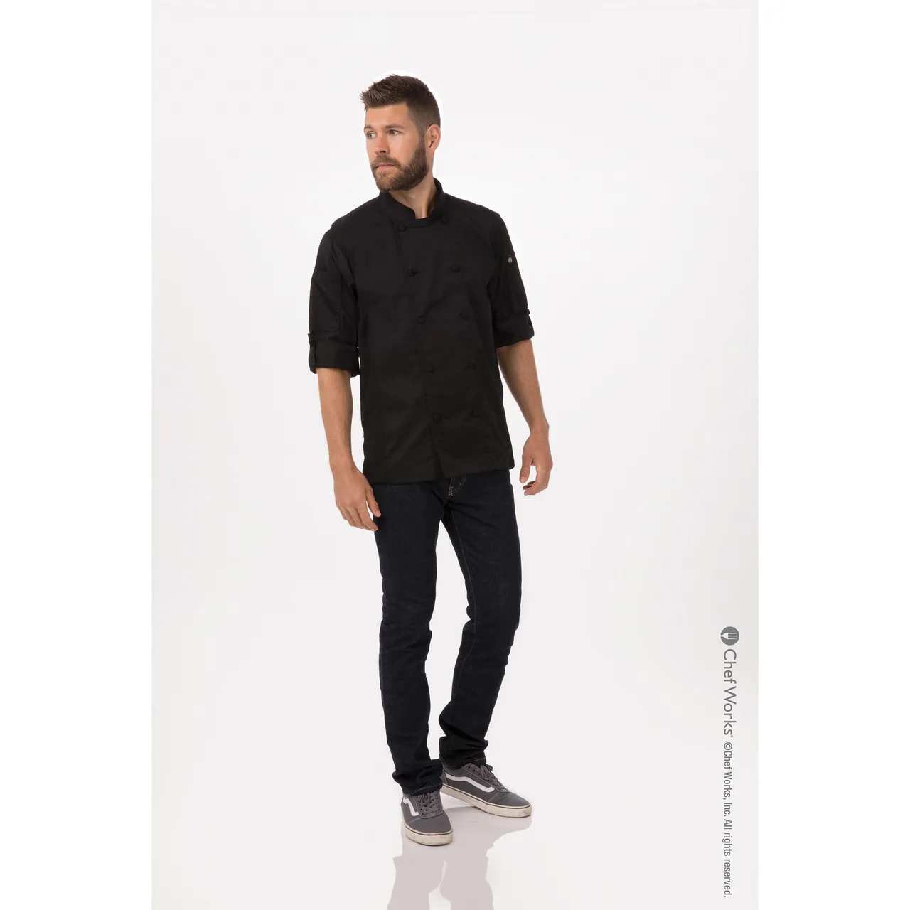 Chef Works CBC01-BLK-XS Men’s Bowden Chef Coat, XSmall Black, 65/35 Poly/Cotton Lite Twill