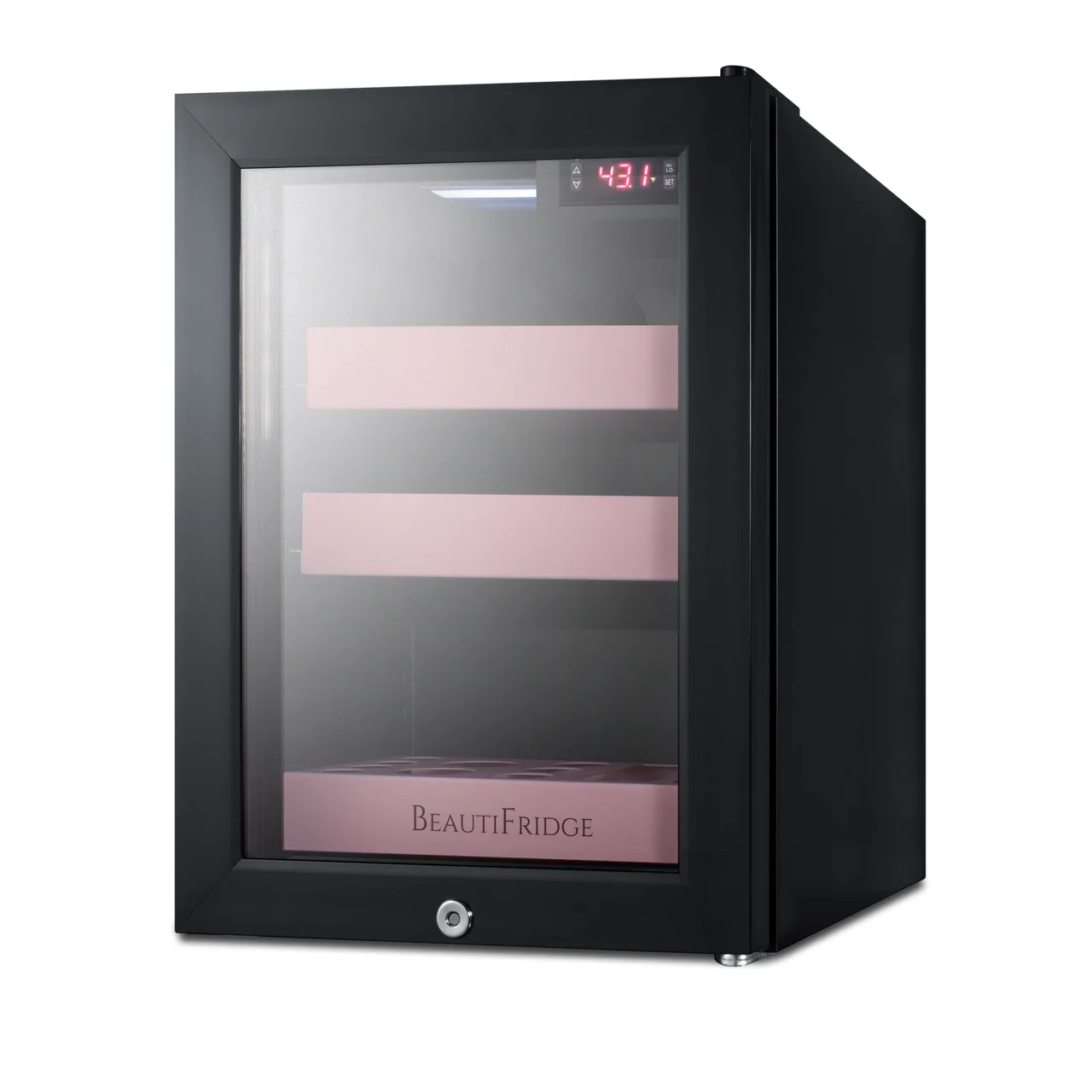 Summit LX114LP 13-3/4" Compact BeautiFridge Cosmetics Refrigerator, Pink Shelves, 0.85 cu.ft