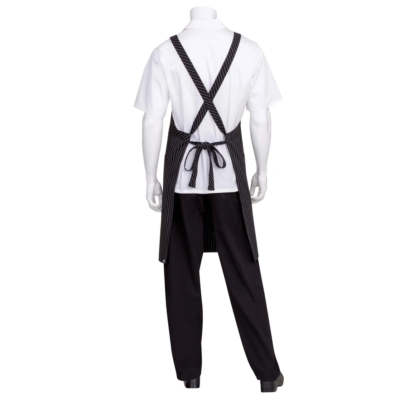 Chef Works F35 -BWP-0 Bib Apron, 35.5"L x 31"W, Ties, 2 Pockets, 65/35 PolyCotton, Black Pinstripe
