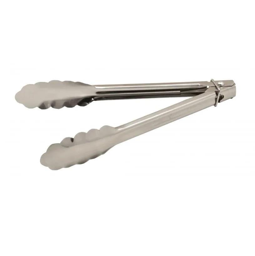 Omcan USA 13957 Utility Tongs - 9" Stainless Steel, Non-Coated Handle, Locking Ring, Size 3-9" Range