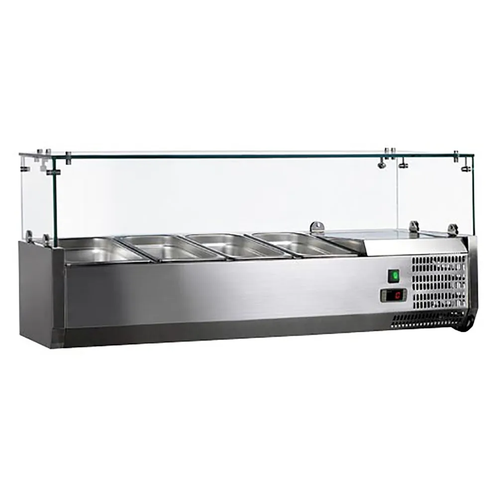Omcan USA 46679 47" Countertop Refrigerated Pizza Topping Rail w/ Sneeze Guard, (4) 1/3 GN Pans