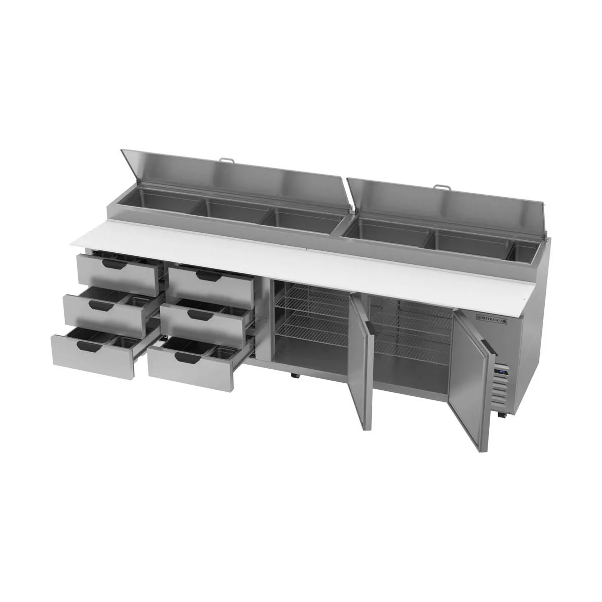 Beverage-Air DPD119HC-6T 119" 4-Section Refrigerated Pizza Prep Table w/ 2 Doors & 6 Drawers