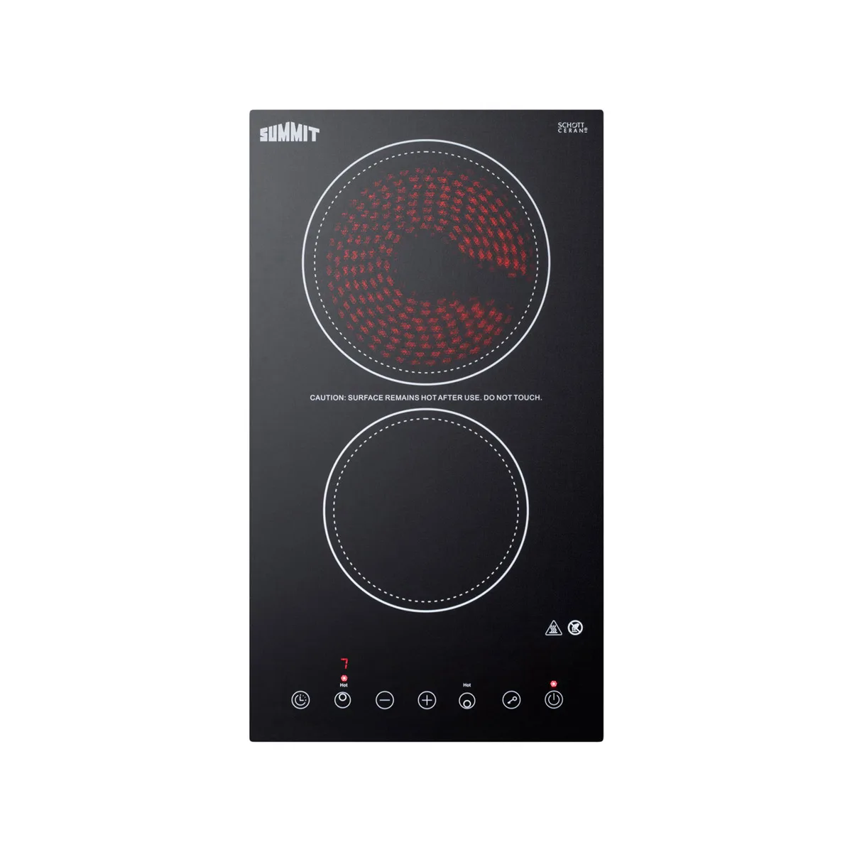 Summit CR2B23T3B 12" Electric Radiant Cooktop w/ (2) Burners, Black Ceramic Glass, Digital Controls, 3.0 kW, 230v 