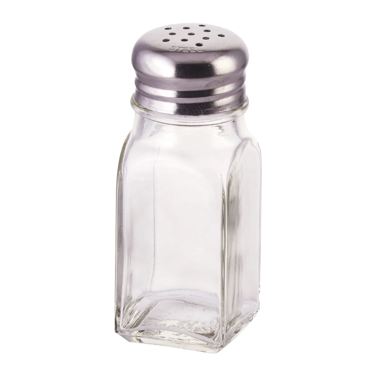 Winco G-109 2 oz. Square Glass Shaker, Single, Stainless Steel Mushroom Top, 18/0 Finish - 1 Dozen