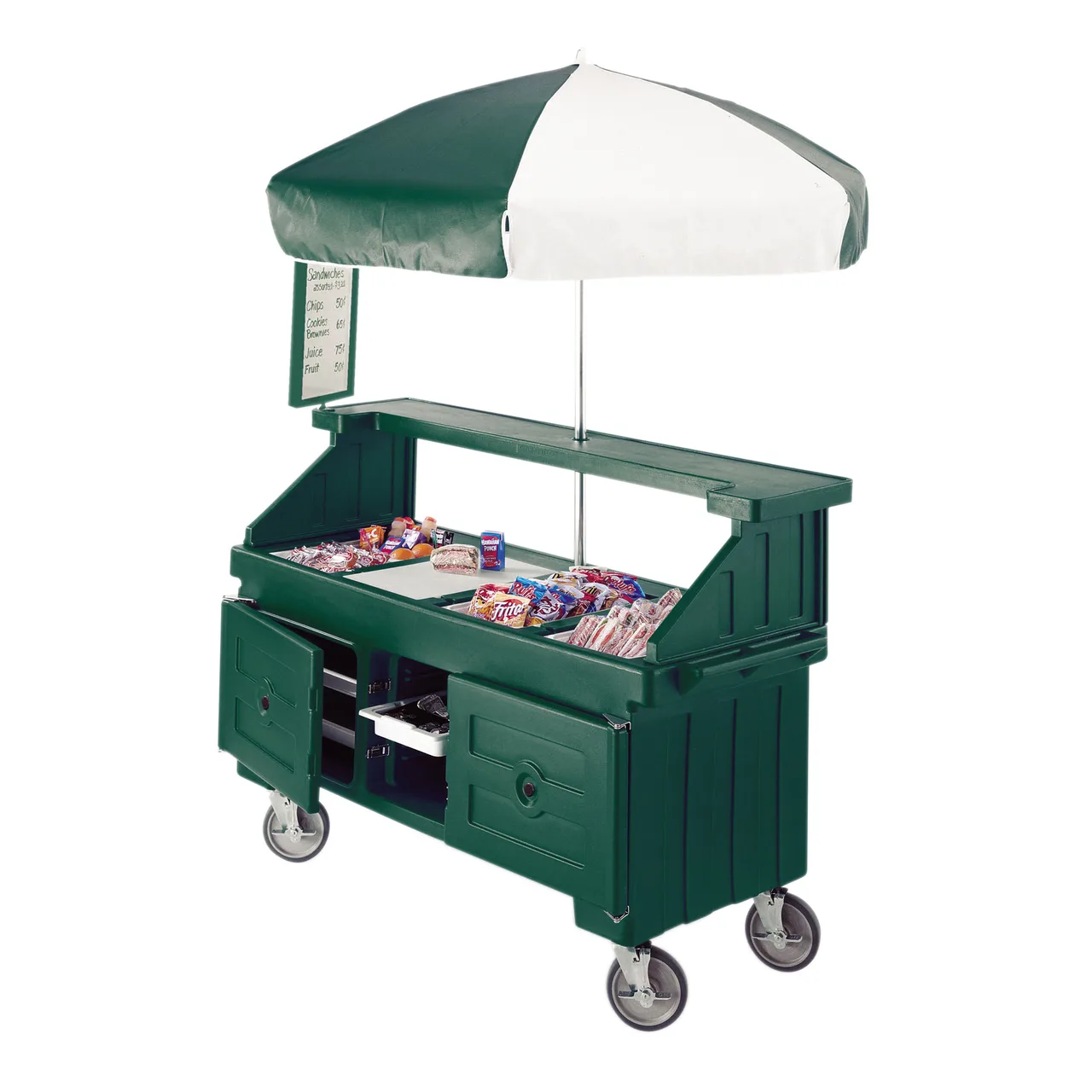 Cambro CVC724519 Camcruiser Green Vending Cart w/ Umbrella, 4 Counter Wells, 3 Compartments