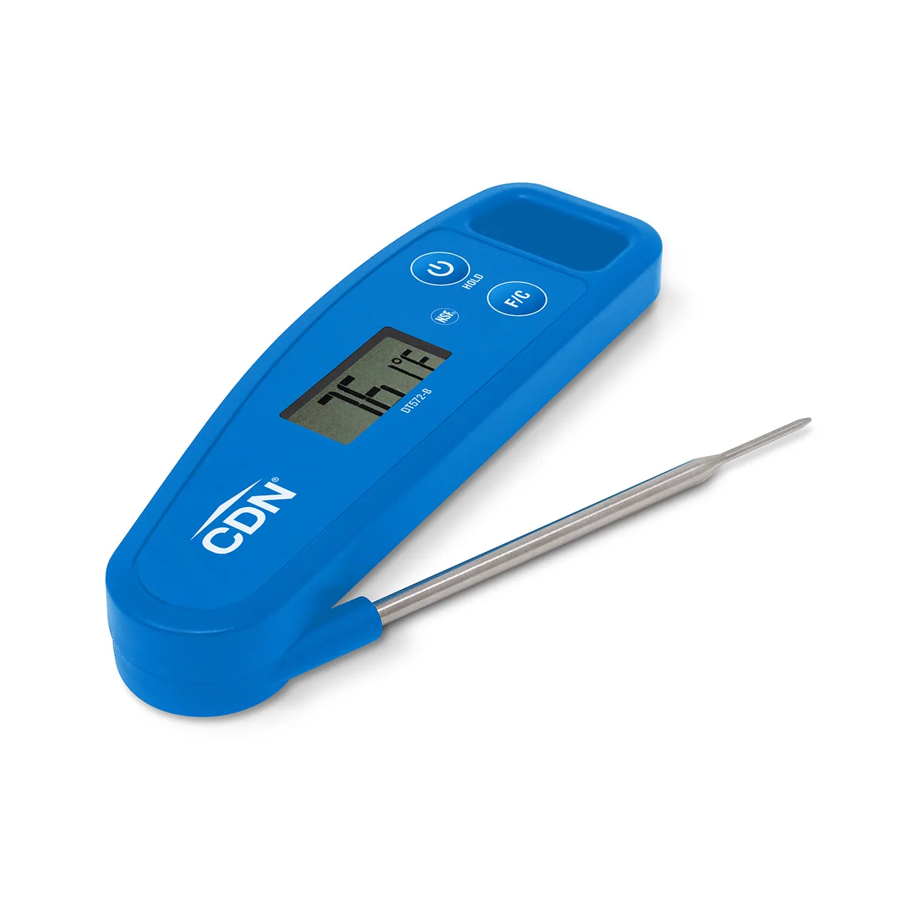 CDN DT572-B Folding Thermometer, -58 to +572°F, 1.7 mm Tip, 3‑3/8" Stem, Blue ABS, NSF Certified