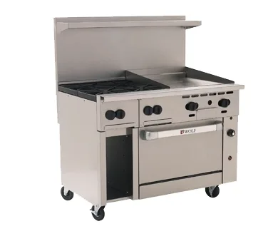Wolf C48S-4B24G 48" Gas Restaurant Range w/ (4) Open Burners, 24" Griddle Right, (1) Standard Oven, (1) Cabinet Base, 195.000 BTU