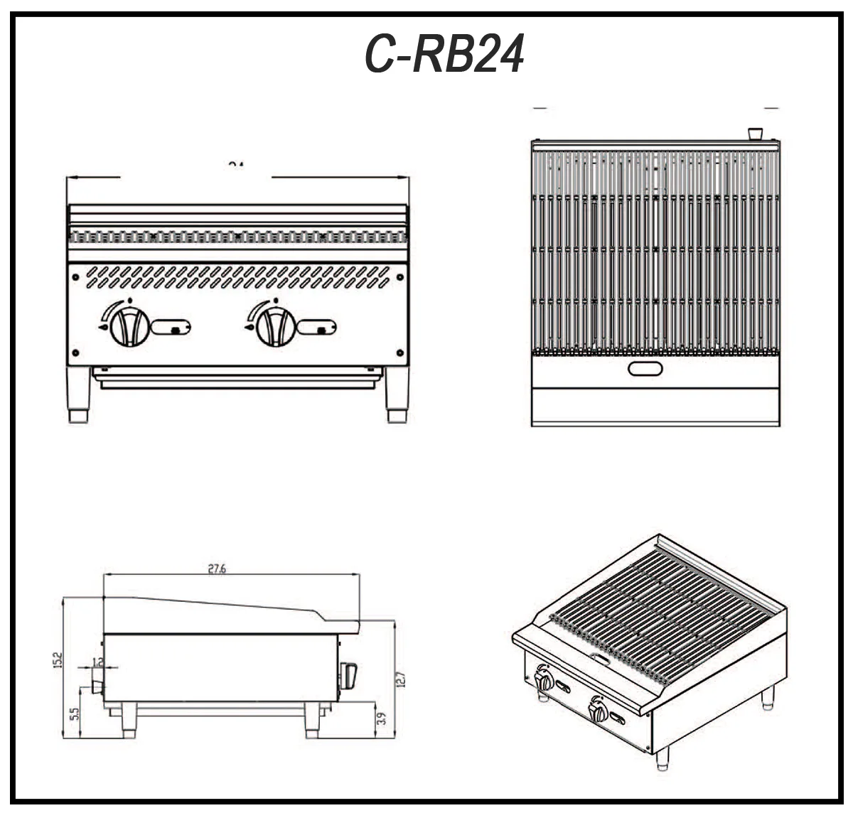 Migali C-RB24 24" Countertop Gas Radiant Charbroiler w/ (2) Burners, 70.000 BTU