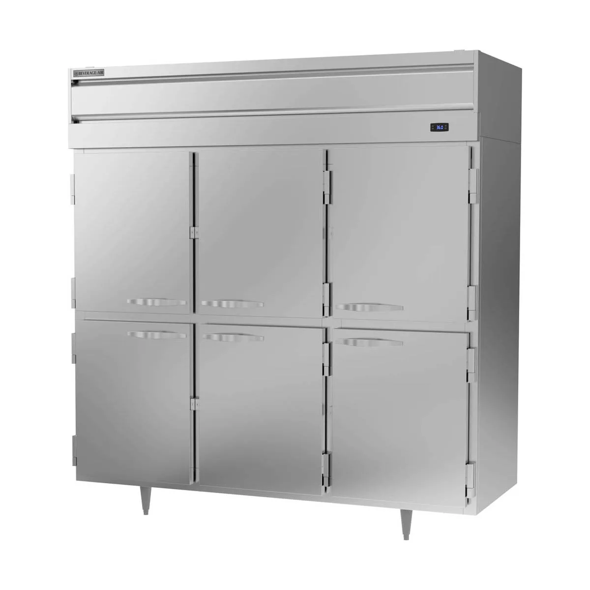Beverage Air PR3HC-1AHS 77" 3-Section Reach-In Refrigerator w/ 6 Solid Half Doors, Top Mounted, Aluminum Interior, 68 cu. ft.