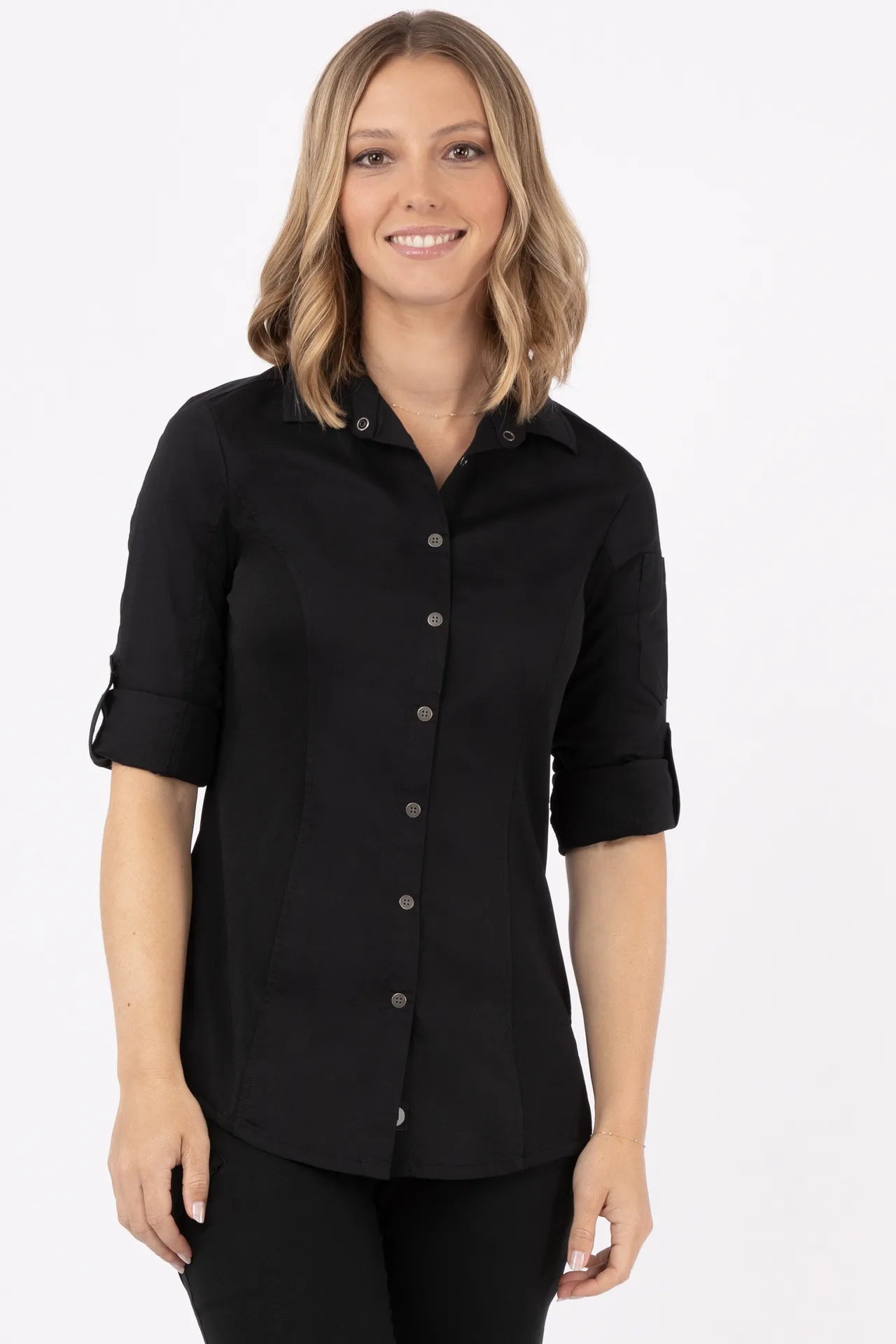 Chef Works SES02W-BLK-2XL Women's Seville Shirt, 2XL Black, Poly/Cotton, Long Sleeve, Snap, Panels