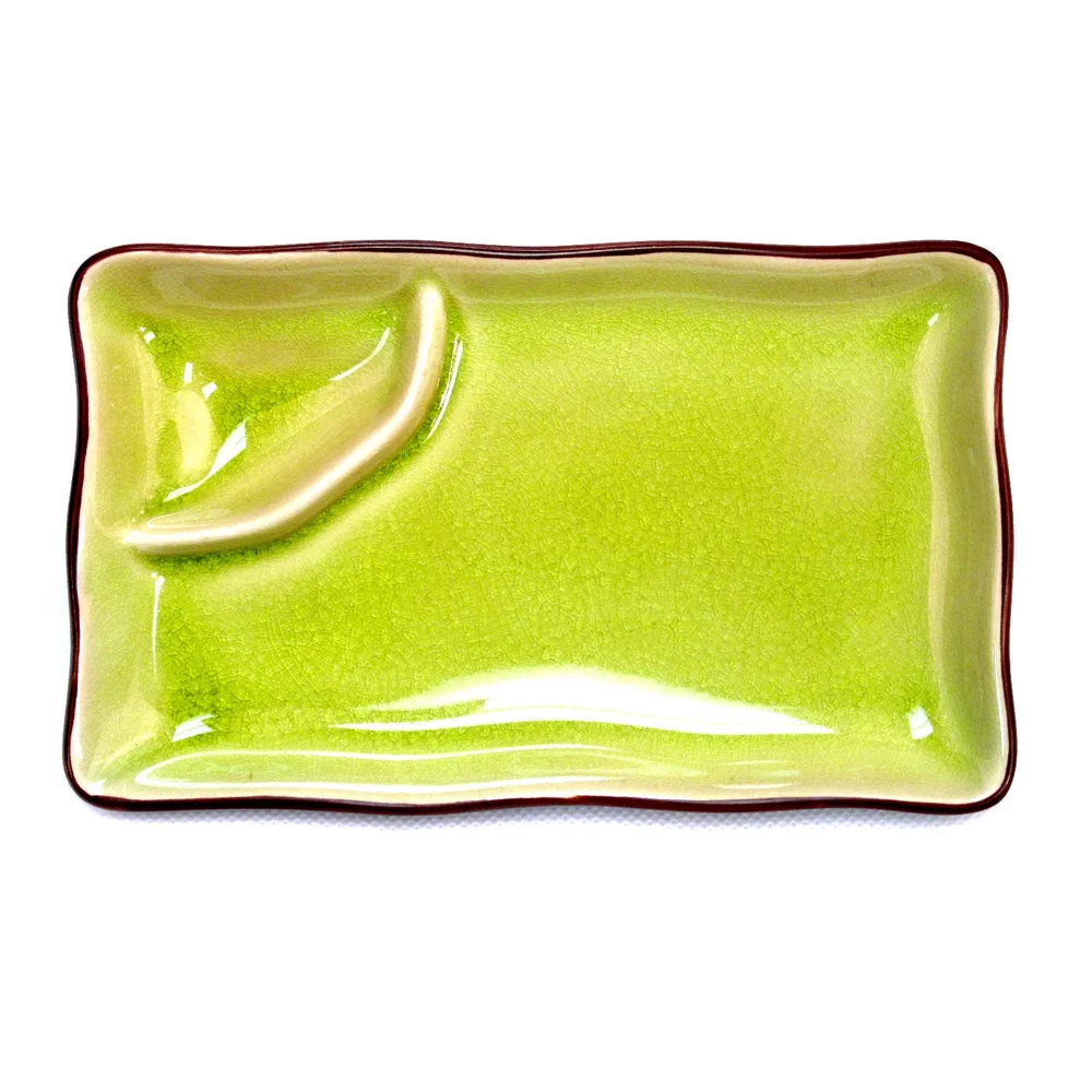 CAC China 666-77-G Japanese Plate, 8" L x 4" W x 1-1/4" H, 2-Compartment, Golden Green - Dozen