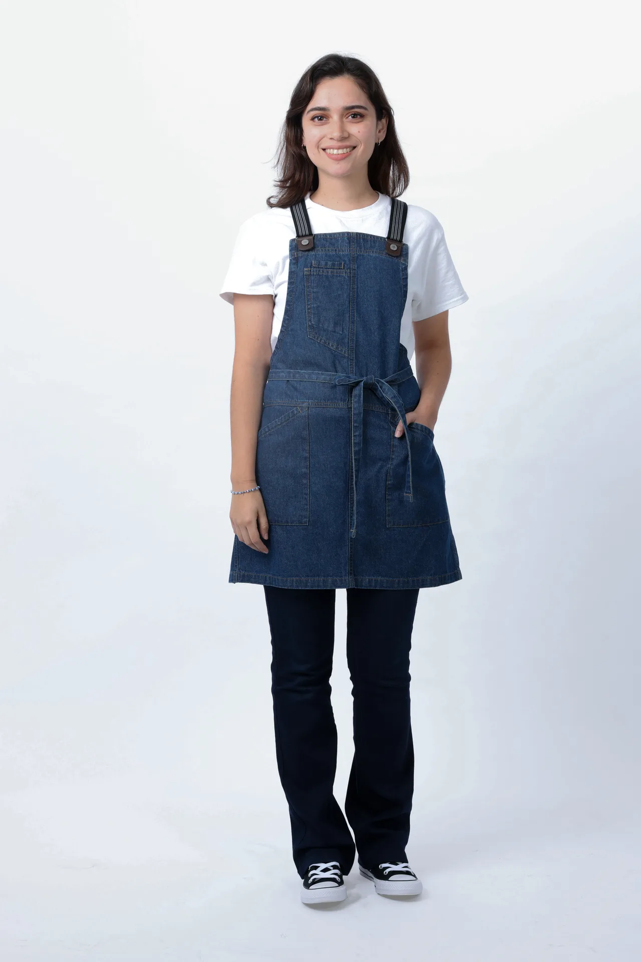 Chef Works ABS01WS-MDB-0 Snap Bib Apron, 27.5"L x 28.7"W, 3 Pockets, 100% Cotton, Medium Blue