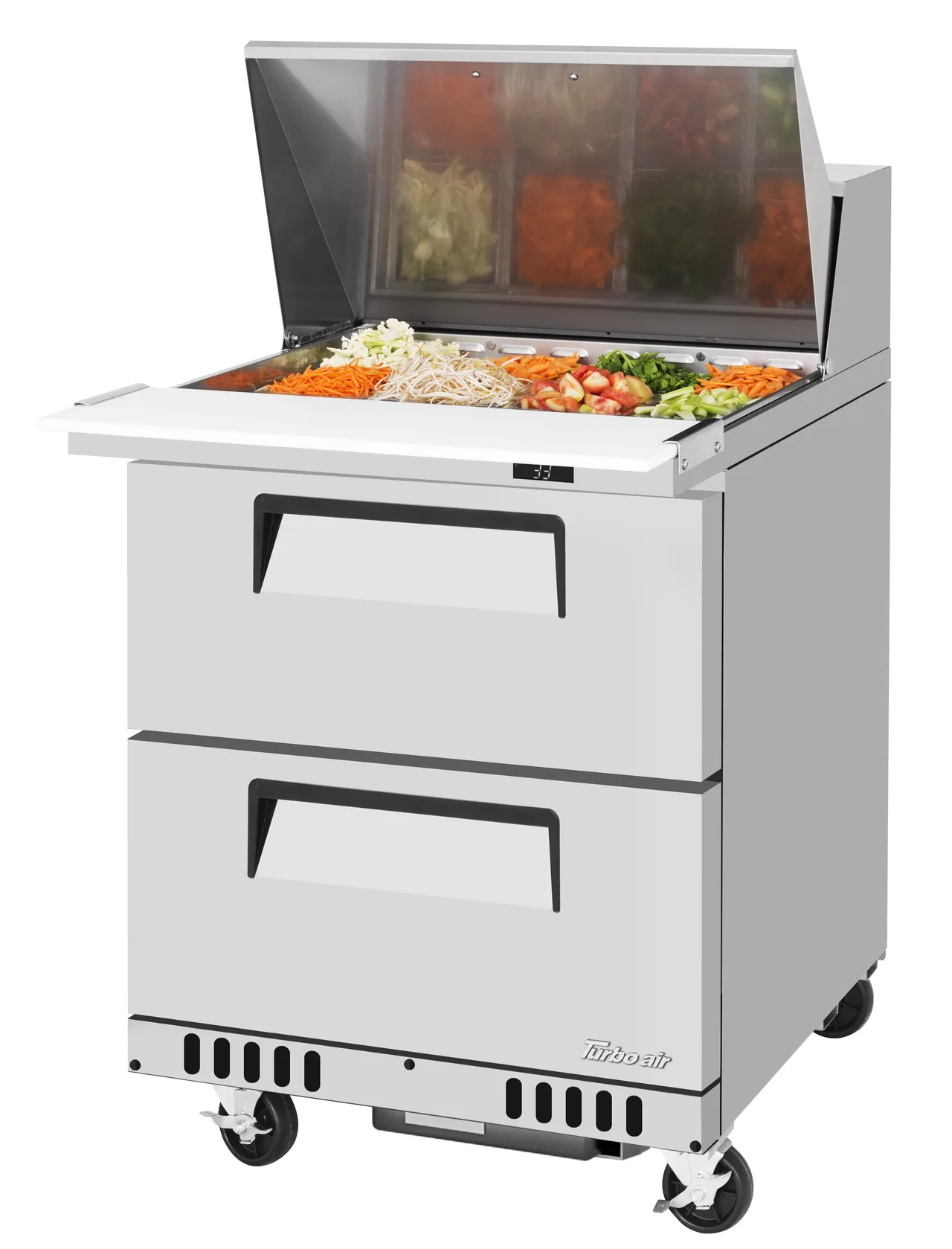 Turbo Air TST-28SD-12-D2-FB-N 27" Mega Top Sandwich Prep Table, 2 Drawers, Front Breathing, 12 Pans, Stainless Steel