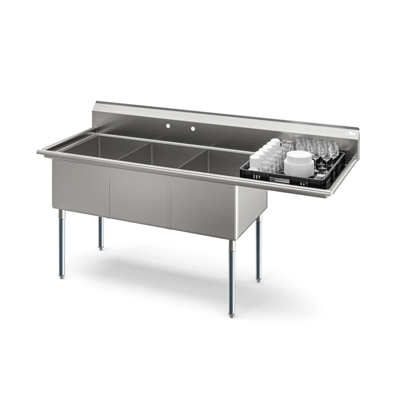 Koolmore KM-SC182414-24R3 81" Three Compartment Sink, 18"W x 24"L Bowl With Right-Hand Drainboard