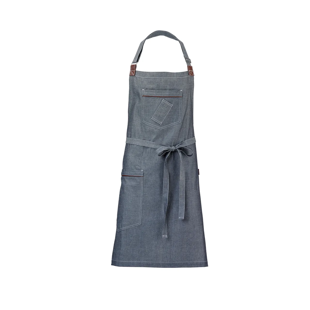 Mercer M63200DEN Bib Apron – 30¾" x 34¼" Indigo Denim, Cotton, 43" Ties, Pockets With Leather Accents, Towel Holder