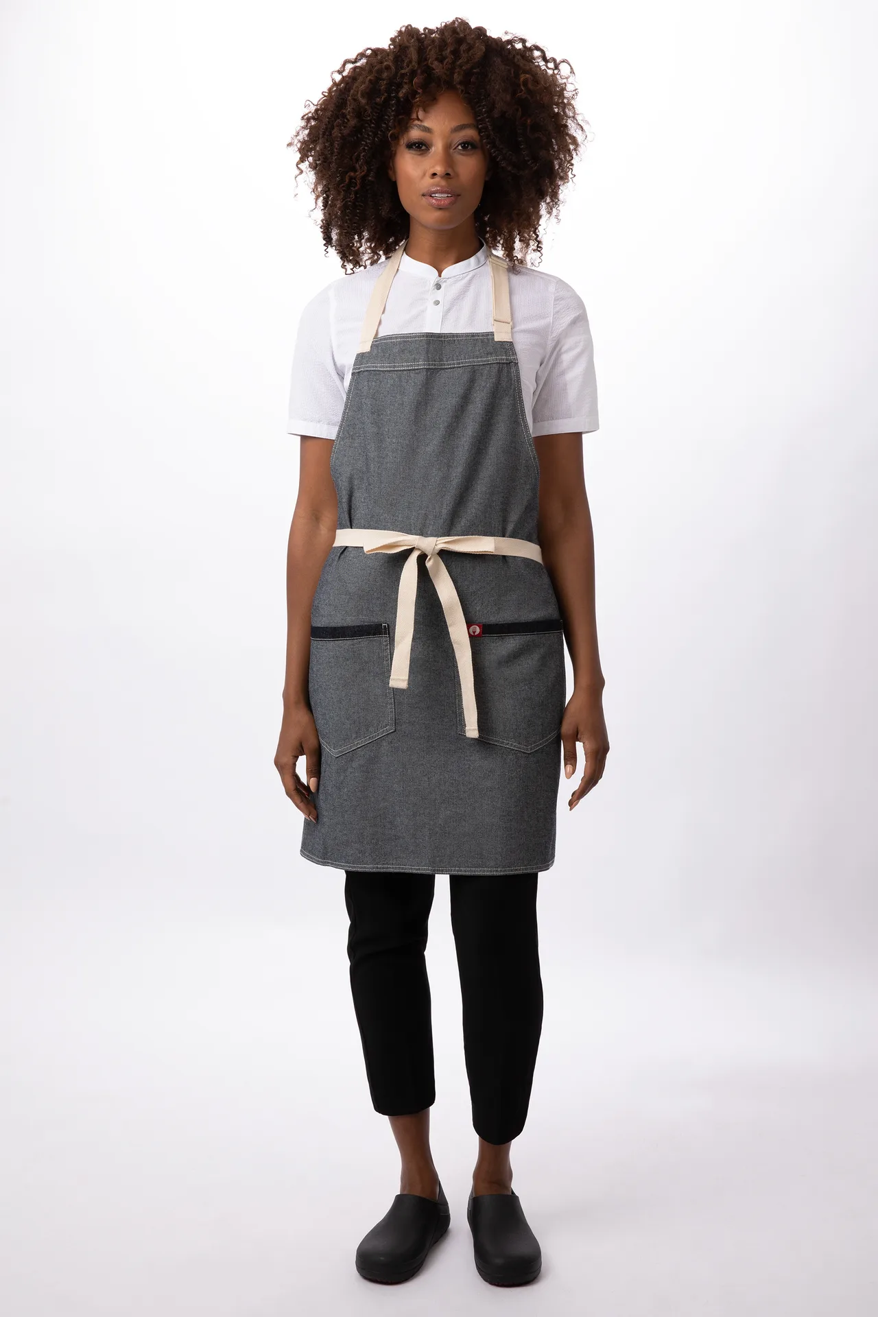 Chef Works ABN06-IBW-0 Bib Apron, 31-1/2"L x 32-1/2"W, 2 Pockets, Adjustable Neck, Cotton, Stone Blue