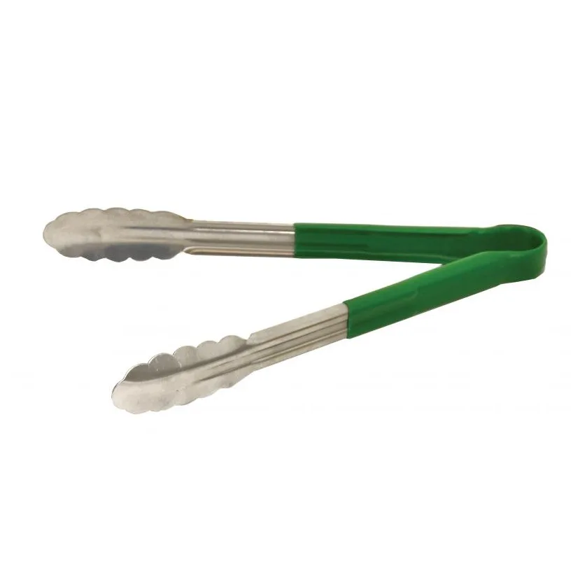 Omcan USA 80544 Utility Tongs – 12" Stainless Steel with Green Plastic Coated Handle, Kitchen Utensil