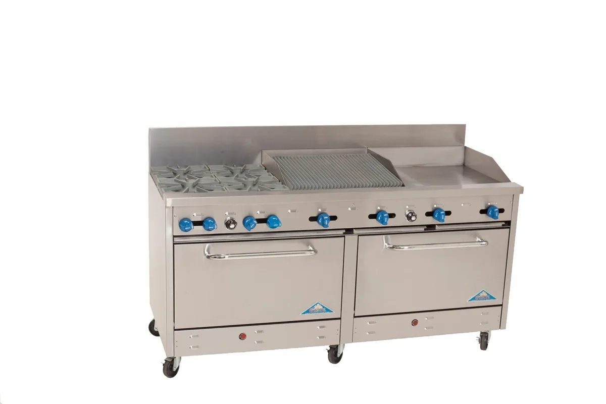 Comstock-Castle 2F330-24-2RB 72" Gas Restaurant Range w/ (4) Open Burners, (1) 24" Griddle, (1) 24" Charbroiler, (2) Standard Ovens, 276.000 BTU 
