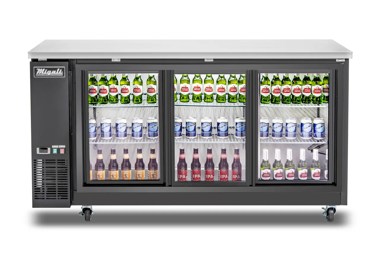 Migali C-BB72SG-HC Cooler Back Bar 72.75"W×24.5"D×35.7"H, 3‑Door Sliding Glass, Black Exterior, Top