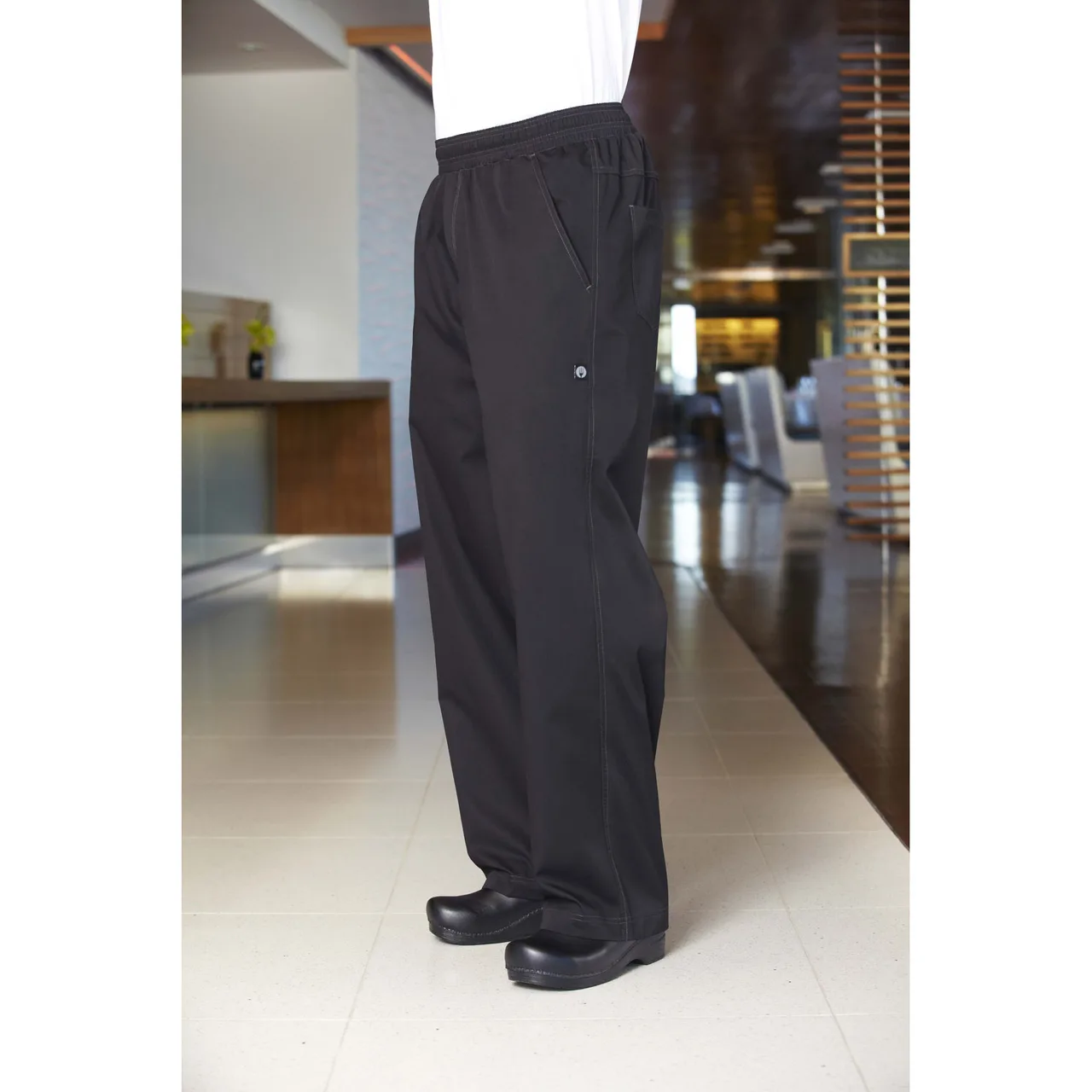 Chef Works BBLW-BLK-L Baggy Chef Pants, Large Black 65/35 PolyCotton Twill, Unisex, Phone Pocket