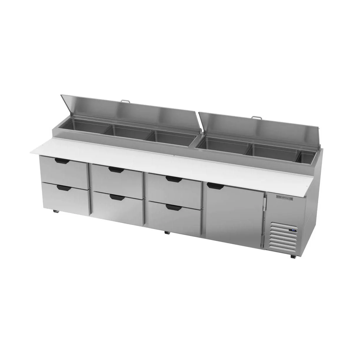Beverage-Air DPD119HC-6 119" 4-Section Refrigerated Pizza Prep Table w/ 1 Door & 6 Drawers